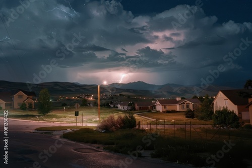 A serene suburban neighborhood under a night sky, lit up by a distant flash of lightning against a backdrop of expansive mountains.