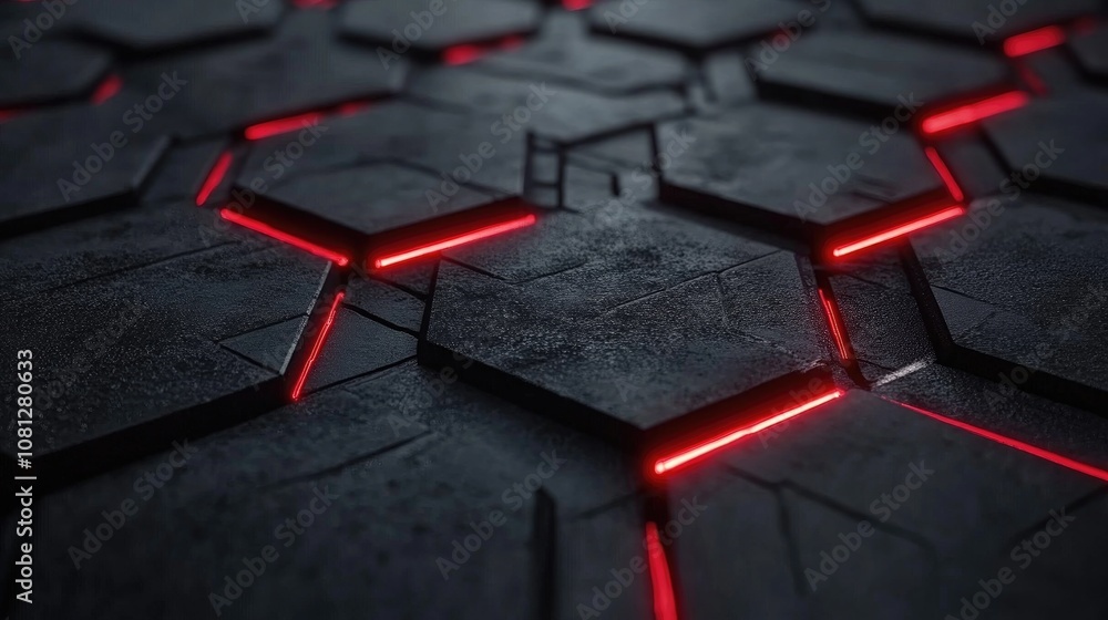 Fototapeta premium Futuristic Hexagonal Tiles with Illuminated Red Lines in a Dark Setting for Modern Design, Technology, and Abstract Backgrounds