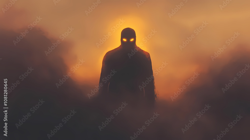A haunting silhouette with glowing eyes emerges from the mist, evoking feelings of mystery and the supernatural. Phantasm. Illustration A haunting silhouette with glowing eyes emerges from the mist, evoking feelings of mystery and the supernatural. Phantasm. Illustration