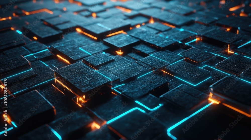 Obraz premium Abstract Digital Background Featuring Glowing Neon Blocks in Black Texture, Ideal for Technology, Science, and Futuristic Concepts in Design and Art Projects