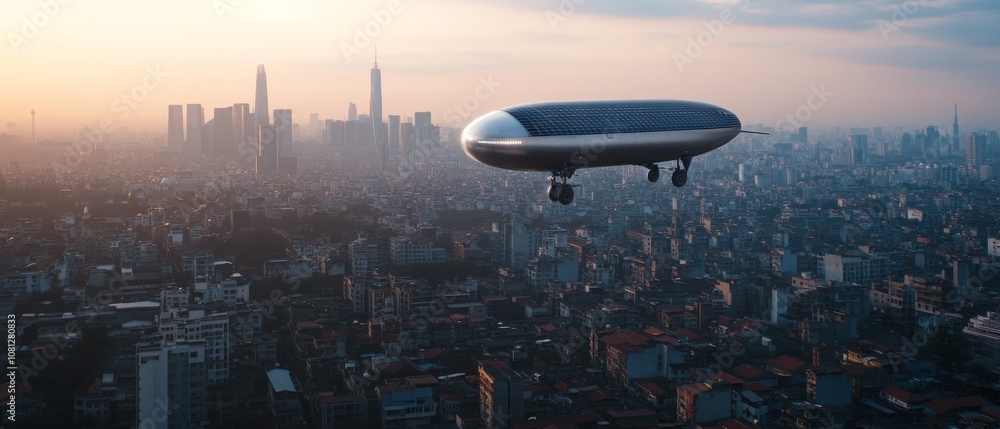 A futuristic airship floats dreamily over a city skyline at dusk, merging modernity with serene twilight. A futuristic airship floats dreamily over a city skyline at dusk, merging modernity with serene twilight.