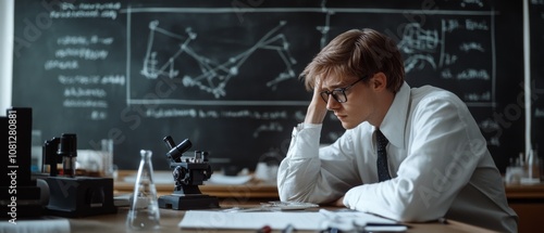 A young academic in deep thought over scattered papers and a microscope, surrounded by chalkboard equations, diving into a world of scientific exploration. photo