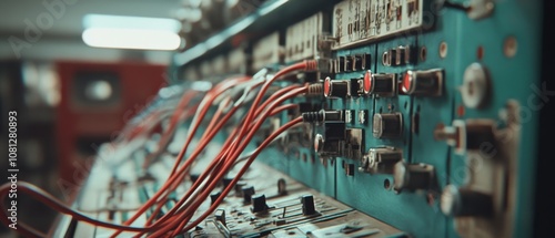 A network of colorful wires connects to a complex control panel, symbolizing technological intricacy and connectivity. photo