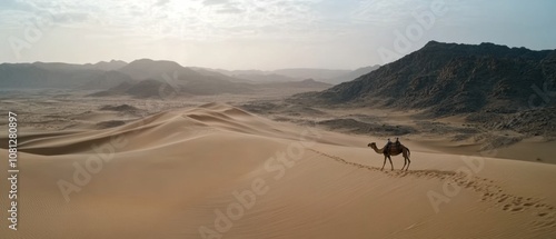 A lone camel traverses vast desert dunes under a hazy sky, embodying solitude and the timeless journey across arid landscapes.