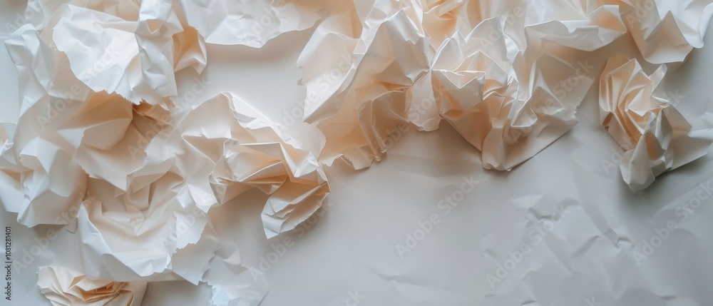 Crumpled sheets of paper scattered randomly on a plain surface, evoking creative chaos and discarded ideas. Crumpled sheets of paper scattered randomly on a plain surface, evoking creative chaos and discarded ideas.