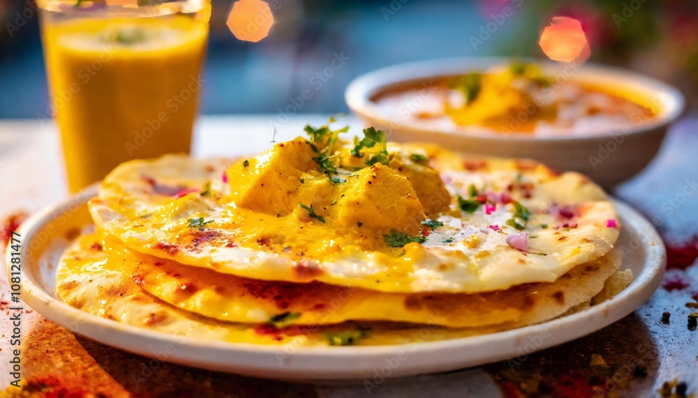 Fluffy Butter Garlic Naan Served with Creamy Paneer Butter Masala, Captured in a Bright and Lively Indian Restaurant with Bold Colors and Rich Spices Fluffy Butter Garlic Naan Served with Creamy Paneer Butter Masala, Captured in a Bright and Lively Indian Restaurant with Bold Colors and Rich Spices