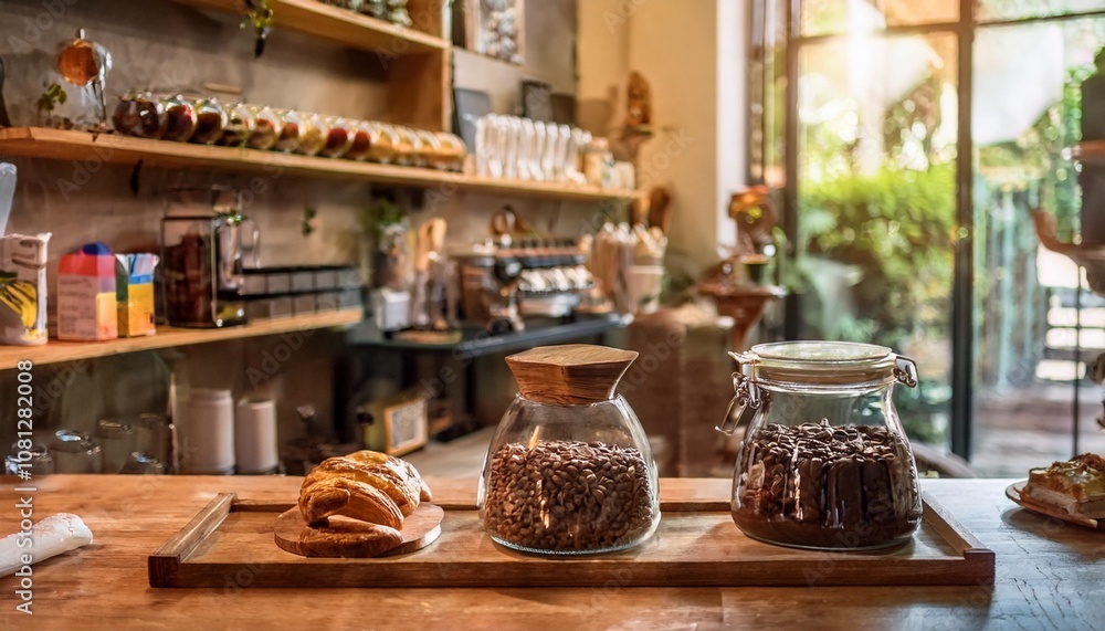 Artisan Coffee Bar Display Featuring Freshly Ground Coffee Beans, Gluten-Free Baked Goods, and Organic Condiments for a Sophisticated and Cozy Home Cafe Experience Artisan Coffee Bar Display Featuring Freshly Ground Coffee Beans, Gluten-Free Baked Goods, and Organic Condiments for a Sophisticated and Cozy Home Cafe Experience