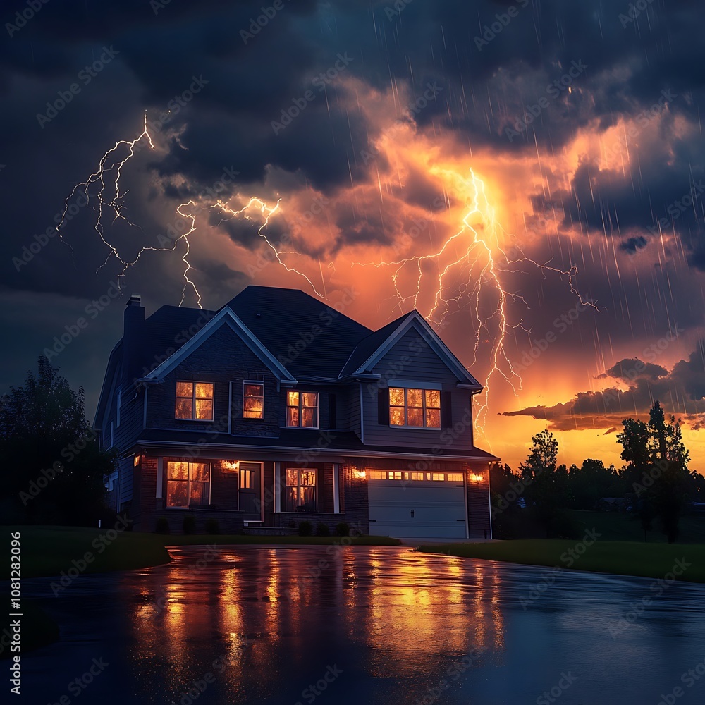 Lightning strikes a house at night, illuminating the dark sky. Lightning strikes a house at night, illuminating the dark sky.