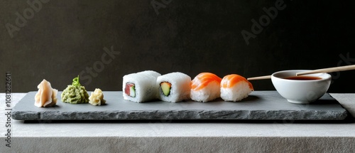 A minimalist sushi arrangement on a slate platter, paired with wasabi and soy sauce, showcasing the artful simplicity and elegance of Japanese cuisine. photo