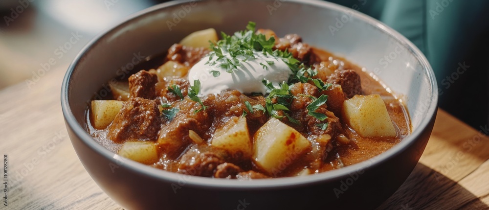 A hearty beef stew with potatoes, topped with a dollop of sour cream and garnished with fresh herbs, served in a rustic bowl, radiates comfort and warmth. A hearty beef stew with potatoes, topped with a dollop of sour cream and garnished with fresh herbs, served in a rustic bowl, radiates comfort and warmth.