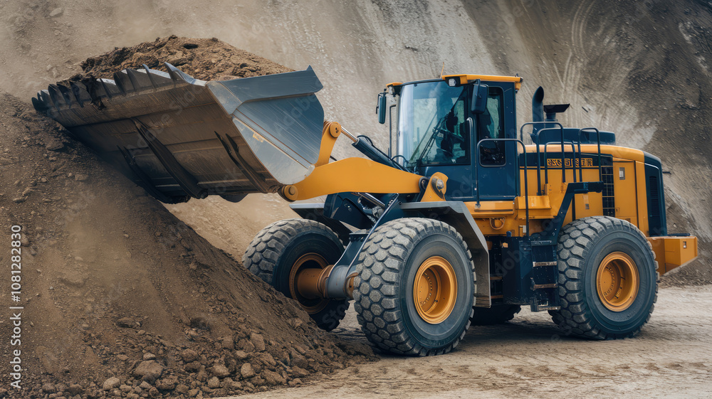 A large yellow and black construction vehicle is digging into a pile of dirt. The machine is a bulldozer, and it is in the process of moving the dirt to another location. The scene is industrial A large yellow and black construction vehicle is digging into a pile of dirt. The machine is a bulldozer, and it is in the process of moving the dirt to another location. The scene is industrial