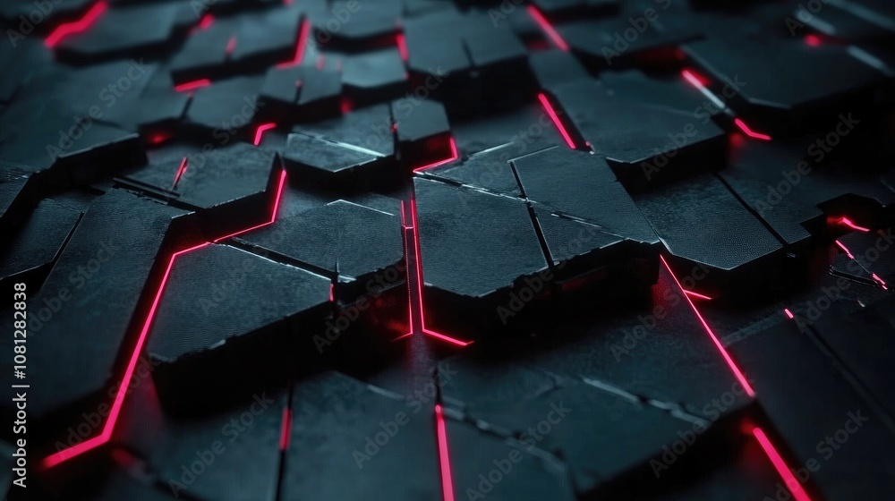 Obraz premium Abstract futuristic background featuring dark hexagonal shapes with glowing red lines creating a dynamic and modern design aesthetic for technology and sci-fi themes