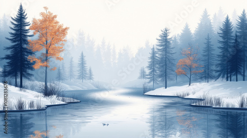 Illustration of a calming river flowing smoothly through a forest with misty, abstract trees