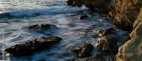 Waves crash against rocky cliffs under a golden sunset, capturing the raw power and beauty of the ocean's edge in a timeless scene.