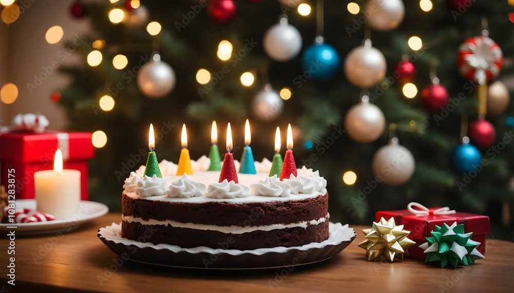 Festive Birthday Cake with Christmas Tree Background Festive Birthday Cake with Christmas Tree Background