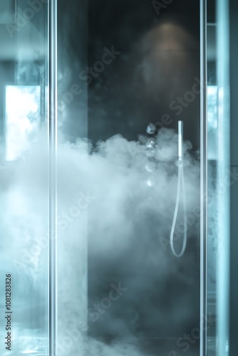 Close-up of frosted glass shower door, water streaming, steamy atmosphere, modern bathroom design