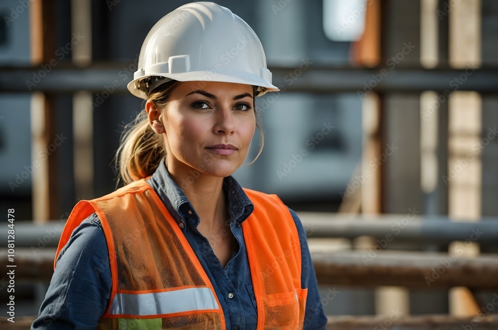 Beautiful brunette woman with a hard hat working serious in the feminist construction Beautiful brunette woman with a hard hat working serious in the feminist construction
