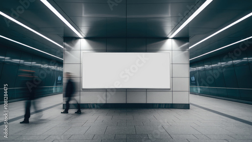 Fototapeta Naklejka Na Ścianę i Meble -  A person is walking past a large white sign in a subway station. The sign is empty and the station is dimly lit