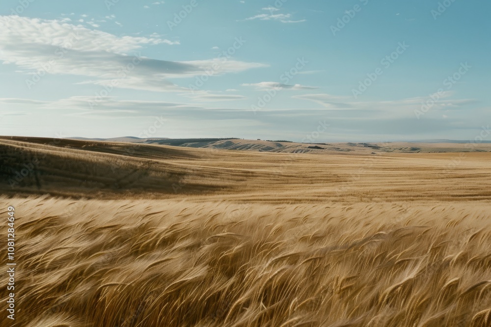 Fototapeta premium Golden fields of wheat sway under a vast blue sky, capturing nature's vastness and quiet beauty in a moment of rural serenity.