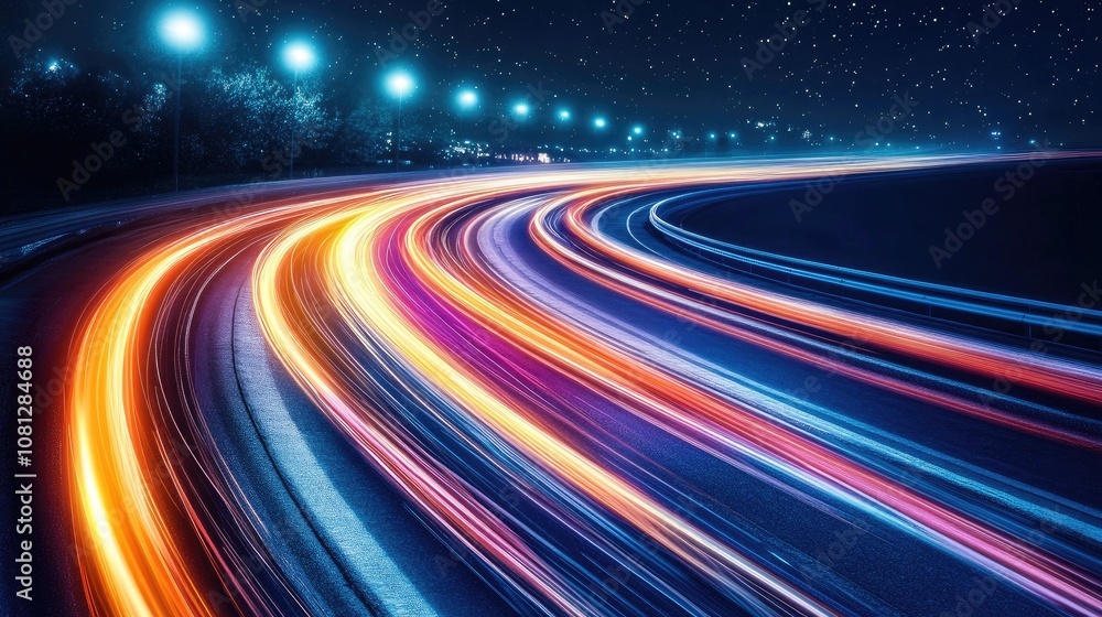Bright and Colorful Light Trails from Vehicles on a Curvy Road at Night with Starry Sky and Streetlights Creating a Dynamic Urban Scene Bright and Colorful Light Trails from Vehicles on a Curvy Road at Night with Starry Sky and Streetlights Creating a Dynamic Urban Scene