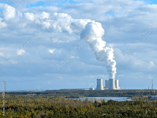 Landscape of rising smoke from the Lippendorf Power Station's cooling towers, located near Leipzig. Germany