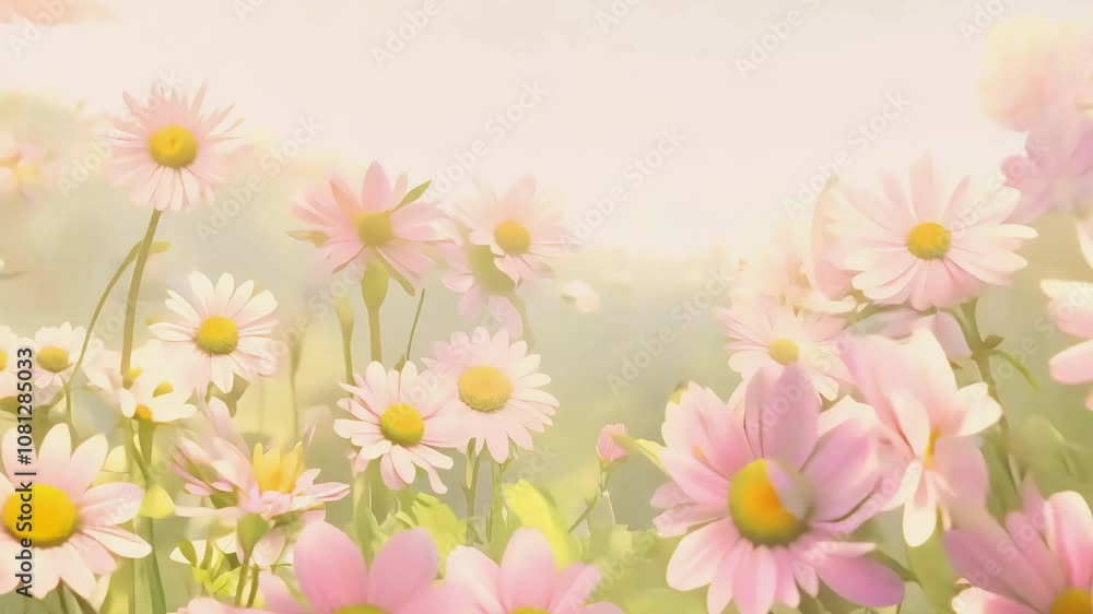 A vibrant field of blooming pink and white daisies under gentle morning light with soft clouds in the background A vibrant field of blooming pink and white daisies under gentle morning light with soft clouds in the background