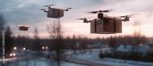 Drones carrying packages hover over a tranquil, snowy landscape, heralding futuristic deliverability amidst serene winter scenery. photo