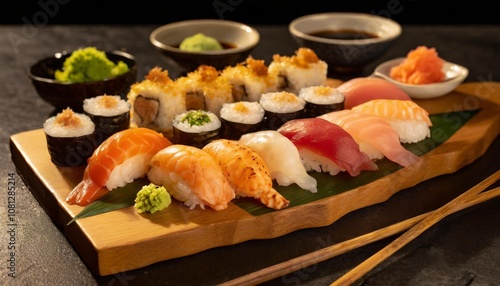 Traditional Japanese Sushi Platter With Fresh Sashimi, Nigiri, and Rolls, Beautifully Presented on a Wooden Board With Pickled Ginger, Wasabi, and Soy Sauce