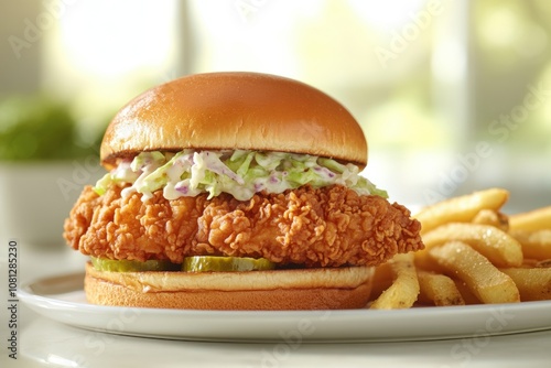 Crispy Fried Chicken Burger with Coleslaw and Pickles on Brioche Burger Bun, Served with Fries