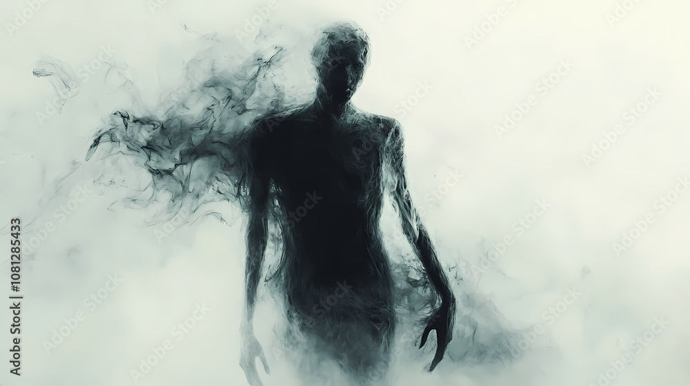 Abstract smoke art: mysterious human figure in ethereal black smoke on white background. Phantasm. Illustration Abstract smoke art: mysterious human figure in ethereal black smoke on white background. Phantasm. Illustration