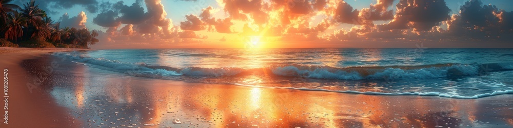 Panoramic sunset on a tropical beach, with palm trees swaying in the breeze and the ocean waves reflecting the colors of the setting sun Panoramic sunset on a tropical beach, with palm trees swaying in the breeze and the ocean waves reflecting the colors of the setting sun