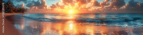 Panoramic sunset on a tropical beach, with palm trees swaying in the breeze and the ocean waves reflecting the colors of the setting sun