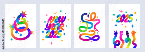 Set of Colorful New Year 2025 Backgrounds. Abstract Posters with Rainbow Christmas Tree, New Year's Lettering, Snakes - Symbol of the Year and Wavy Hands. Swirl Gradient Vector Line Shapes