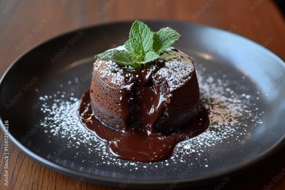 Decadent Chocolate Lava Cake with Molten Center, Garnished with Mint and Powdered Sugar Decadent Chocolate Lava Cake with Molten Center, Garnished with Mint and Powdered Sugar