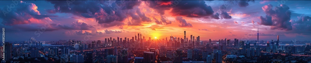 Fototapeta premium Panoramic sunset in an urban cityscape, with skyscrapers silhouetted against the colorful evening sky, showcasing the contrast between nature and city life
