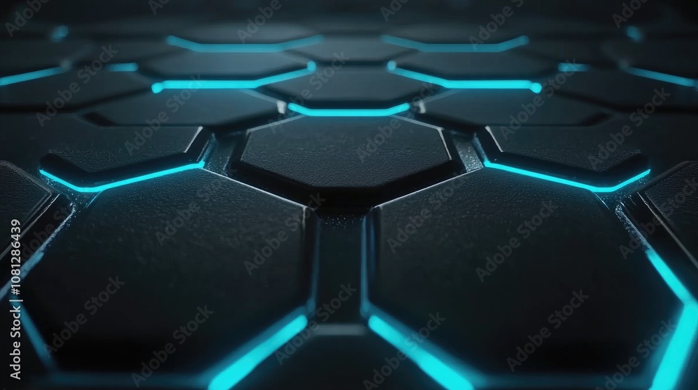 Obraz premium Futuristic Hexagonal Pattern with Glowing Blue Lines on a Dark Background, Perfect for Technology, Science, and Innovation Themes in Digital Art and Design