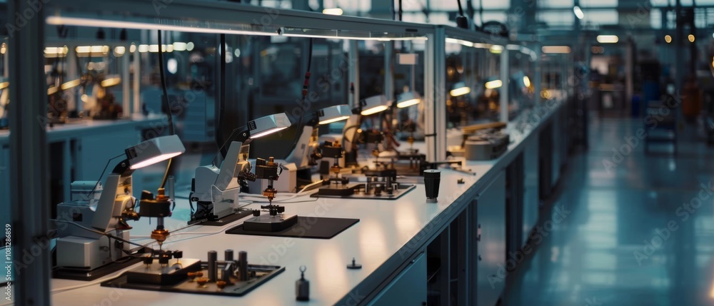 An advanced factory floor with bright lights illuminates a row of robotic workstations, suggesting industry and technological innovation. An advanced factory floor with bright lights illuminates a row of robotic workstations, suggesting industry and technological innovation.