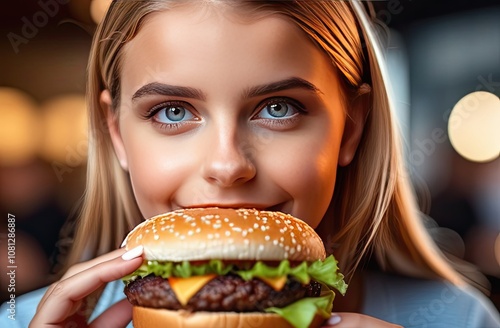 A cheerful young woman with striking eyes smiles while holding a burger with lettuce and a sesame seed bun in both hands, set against a softly blurred, warm background