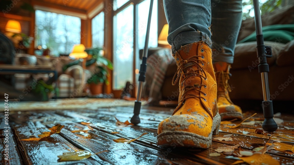 A person at home, using crutches to move around their living room, with their leg in a cast A person at home, using crutches to move around their living room, with their leg in a cast