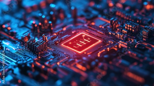 A close-up view of a computer chip with red and blue neon lights.