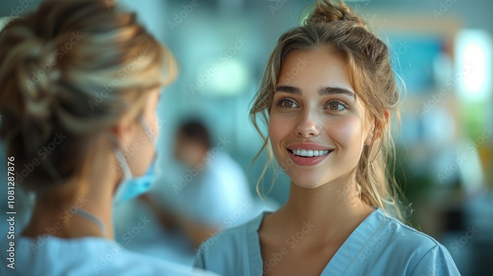 Medical receptionist engaging in a friendly conversation with a patient, creating a welcoming and comfortable atmosphere. Medical receptionist engaging in a friendly conversation with a patient, creating a welcoming and comfortable atmosphere.