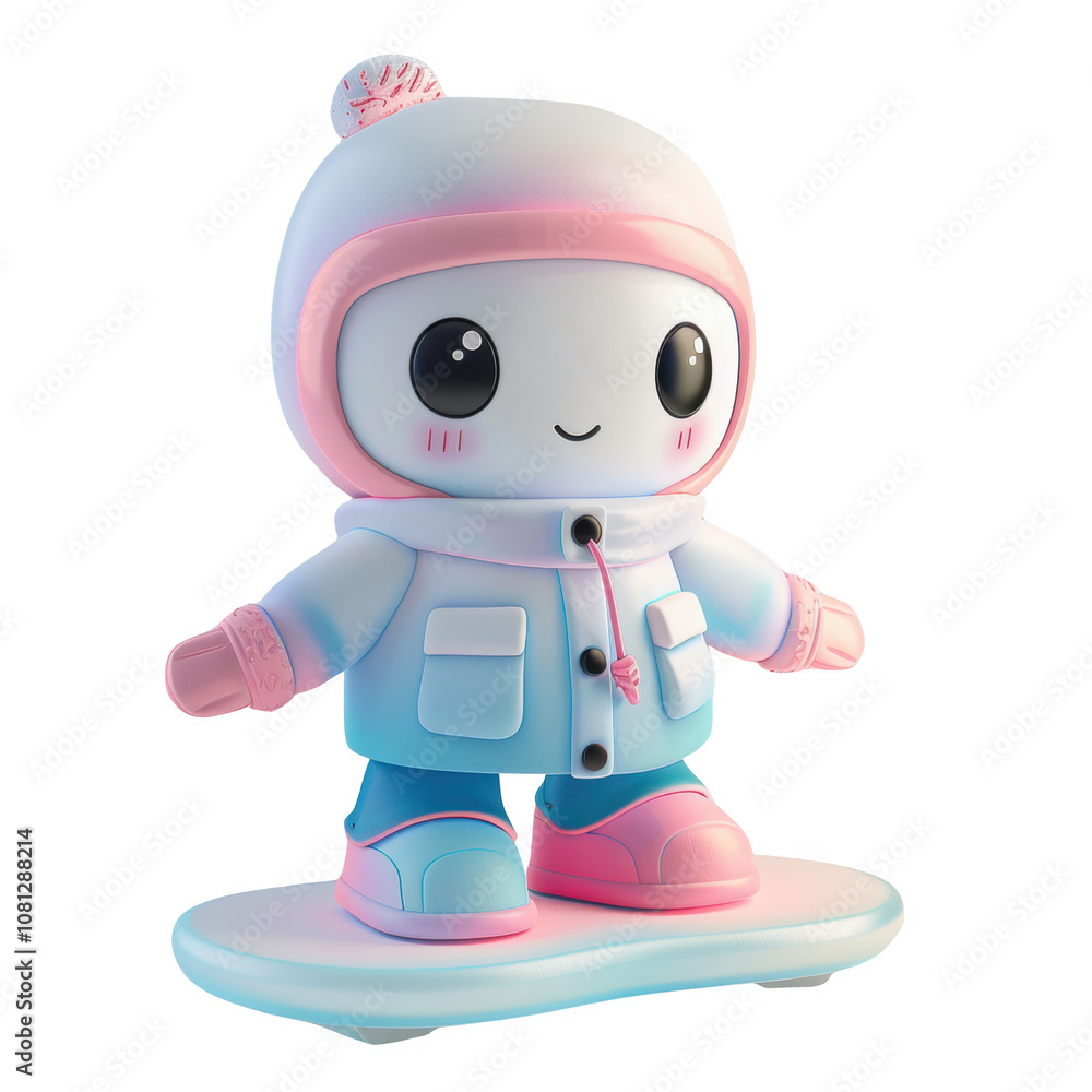 Frosted snowboard icon standing on a snowy base with a joyful expression during winter Frosted snowboard icon standing on a snowy base with a joyful expression during winter