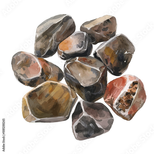 A watercolor drawing of a set of bronzite stones, isolated on a white background. Bronzite stones vector.