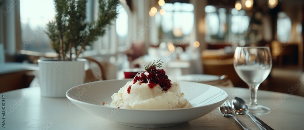 Fototapeta premium A sophisticated dessert, accented with a sprig of dill and vibrant berries, is showcased in an elegant restaurant setting.