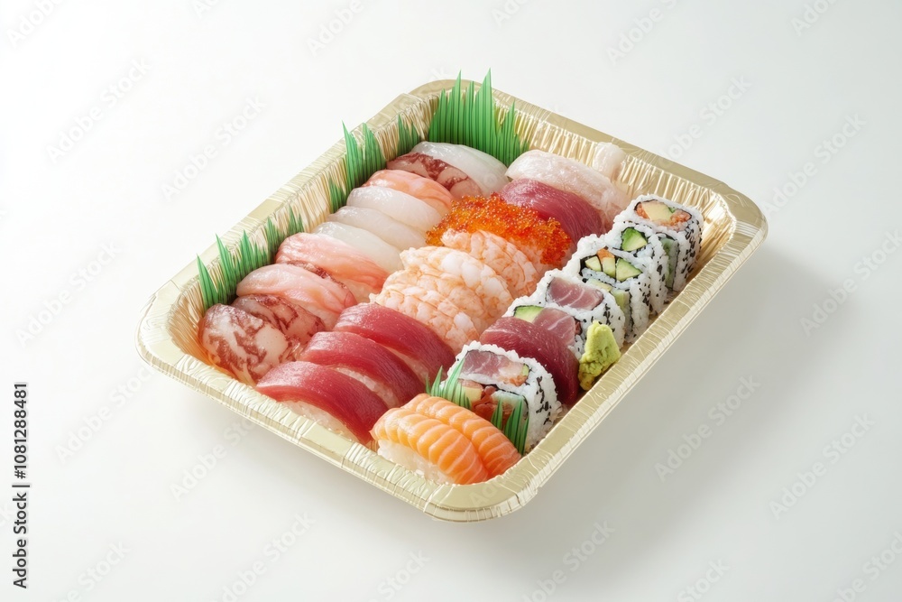 Traditional Sushi Platter with Nigiri, Sashimi, and Rolls, Artfully Arranged with Wasabi and Pickled Ginger
Traditional Sushi Platter with Nigiri, Sashimi, and Rolls, Artfully Arranged with Wasabi and Pickled Ginger