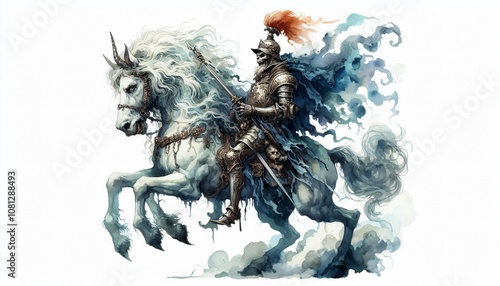 Sabnock Appears as a soldier with a lions head, riding a pale horse, evil demon colourful watercolor illustration, abstract splashing paint, photo