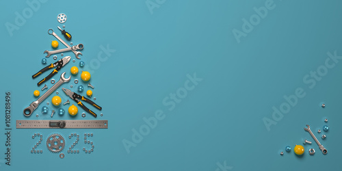Fototapeta Naklejka Na Ścianę i Meble -  A symbolic Christmas tree made of construction tools. 2025 New Year greeting illustration. 3D render.