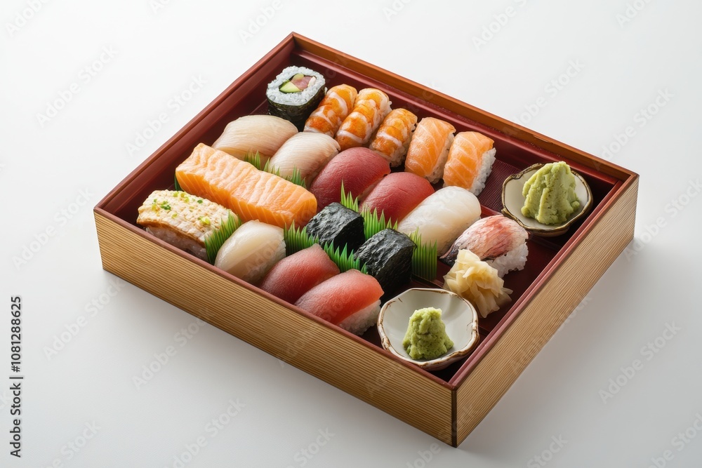 Traditional Sushi Platter with Nigiri, Sashimi, and Rolls, Artfully Arranged with Wasabi and Pickled Ginger
Traditional Sushi Platter with Nigiri, Sashimi, and Rolls, Artfully Arranged with Wasabi and Pickled Ginger