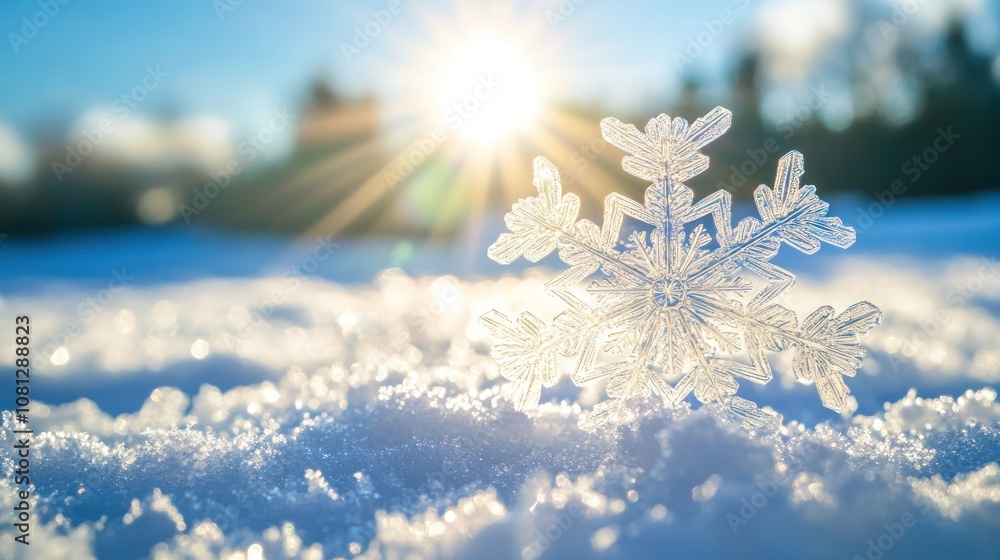 A close up of an intricate snowflake on fresh, glistening white snow with the sun shining brightly in the background A close up of an intricate snowflake on fresh, glistening white snow with the sun shining brightly in the background