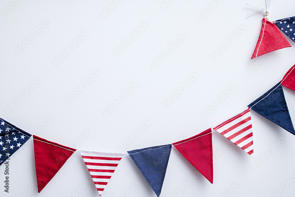 Obraz premium Red white and blue triangle american flag bunting arranged in semicircle.